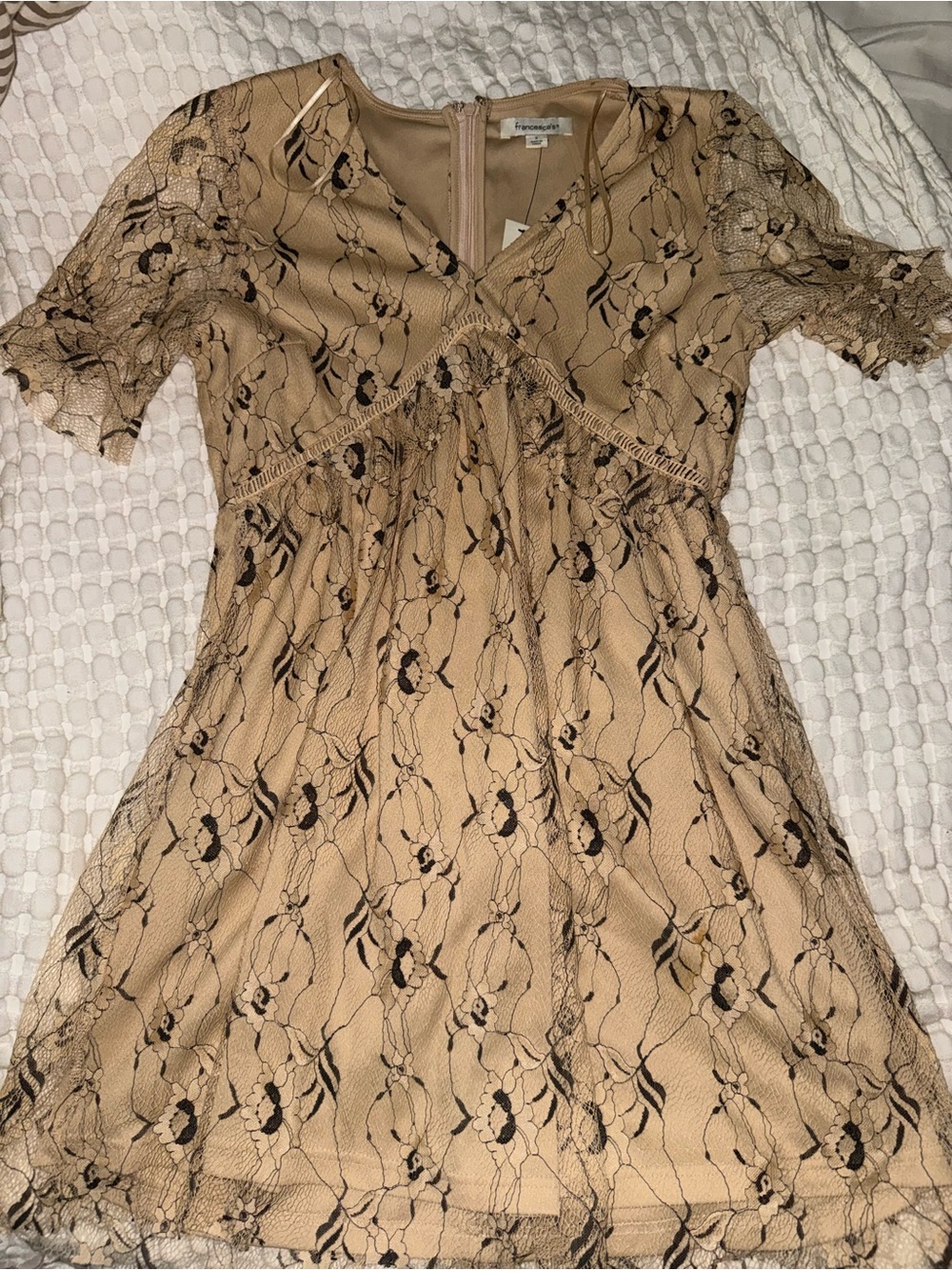 Floral Lace Trim V-Neck Dress in Beige